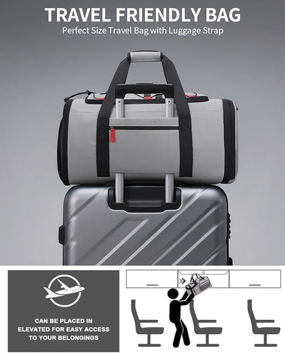 Gym Bags for Men Women, 45L Sports Travel Duffle Bag with Shoe Compartment, 3 in 1 Weekener Overnight Backpack with Wet Pocket, Grey