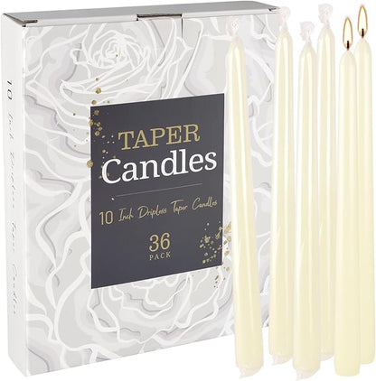 36 Pack Ivory White Taper Candles, 7-8 Hours Burn Time, Unscented, Smokeless and Dripless, 0.8 x 10 Inch Dinner Candle Set for Household, Wedding, Party and Home Décor Candlesticks