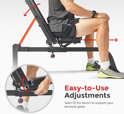 Sunny Health & Fitness Multifunctional Strength Training Home Gym – Complete Workout Equipment with Training Attachments, Optional Squat Stand, Power Rack Cage, Adjustable Incline Bench