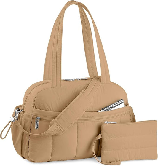 TOPDesign Travel Duffel Bag for Women, Puffer Gym Bag Sports Tote with Wet Pocket, Carry On Weekender with Luggage Sleeve (Khaki)
