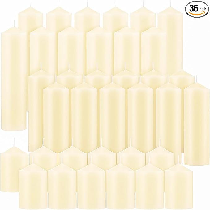 36 Pcs Ivory Pillar Candles Bulk Set，Hurricane Candlesï¼? Different Lengths (12 Each)，Dripless Unscented Smokeless，Gives You a Better Atmosphere When Organizing Wedding or Event Party.