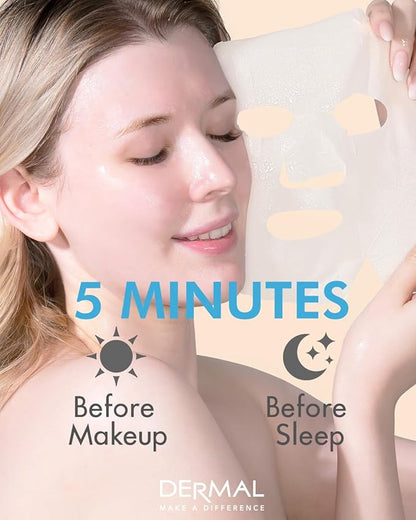 DERMAL Hyaluronate Collagen Essence Facial Mask Sheet 23g Pack of 10 - Hydro Boost Moisturizing for Dry Skin, Smoothing Fine Lines Wrinkles, Daily Skin Treatment Solution Sheet Mask