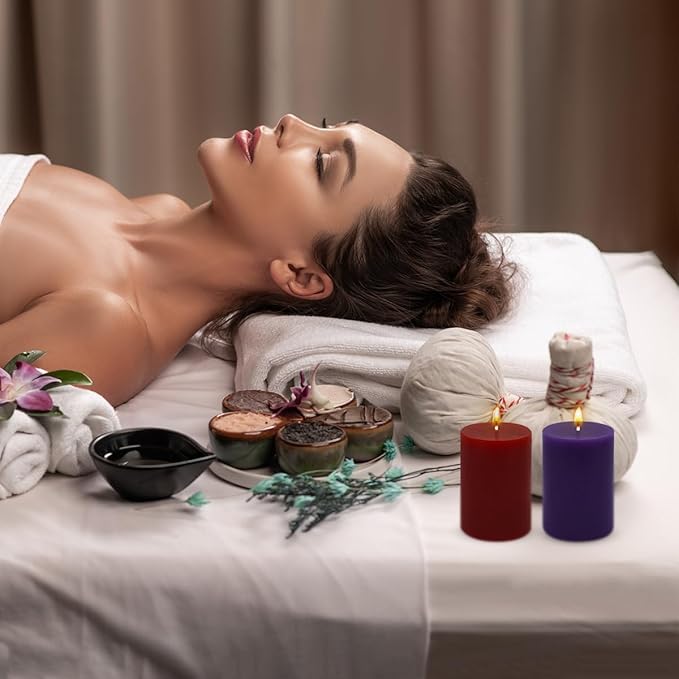 Set of 3 2x3 Inch Mix Colored Pillar Candles, Unscented Dripless Small Red, Brown, Purple and Navy Blue Cylinder Wax Candles for Home Power Outage Dinner Table Decoration - 24 Hours Burn