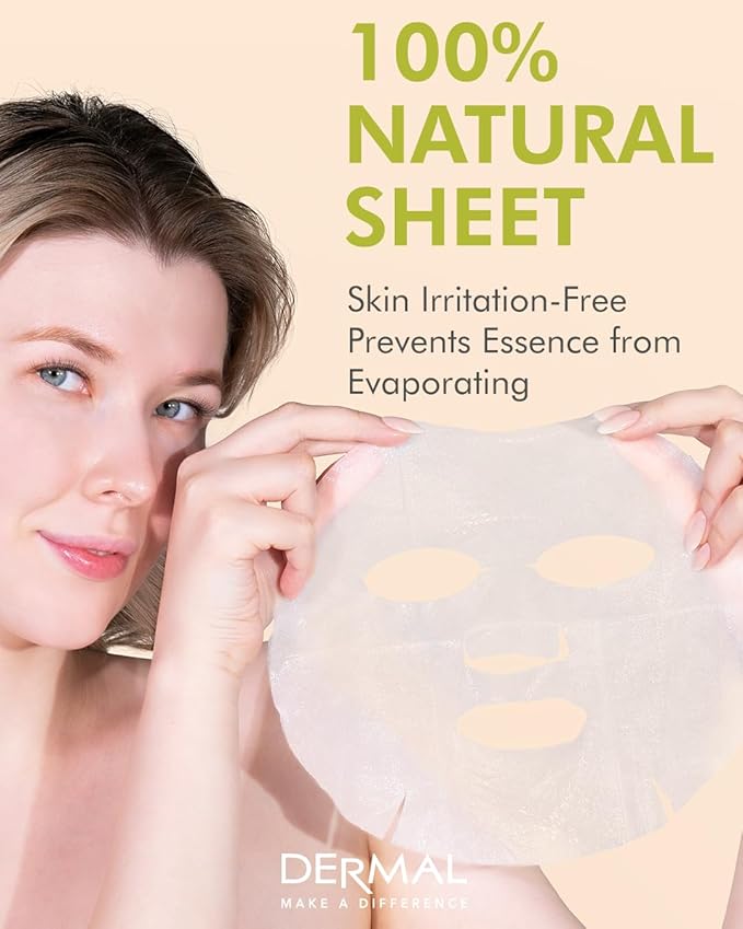 DERMAL Bamboo Collagen Essence Facial Mask Sheet 23g Pack of 10 - Hydrating & Calming, For Dewy and Glowing Skin, Daily Skin Treatment Solution Sheet Mask
