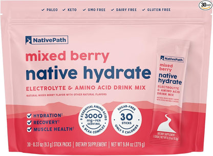 NativePath Native Hydrate Stick Packs, Sugar Free Electrolytes Powder with BCAAs, Mixed Berry Hydration, Keto & Paleo Friendly, 30 Servings