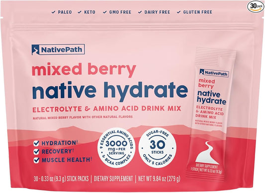 NativePath Native Hydrate Stick Packs, Sugar Free Electrolytes Powder with BCAAs, Mixed Berry