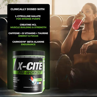 X-CITE Pre-Workout by ATHLEAN-X - Enhanced Formula with Beta-Alanine, Creatine & Caffeine for Ultimate Energy, Endurance, Focus & Muscle Pump, NSF Certified for Sports (22 Servings, Rocket Pop)