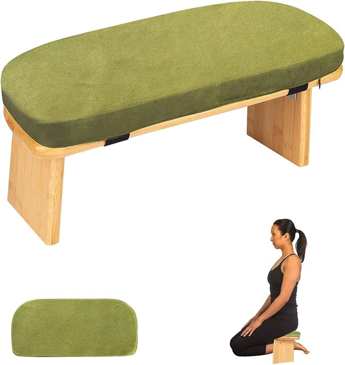 Meditation Bench with Cushion Foldable Ergonomic Bamboo Kneeling Stool Seiza Bench Wooden Meditation Stool Chair Zen Lotus Yoga Stool Floor Sitting Prayer Bench Removable Pillow