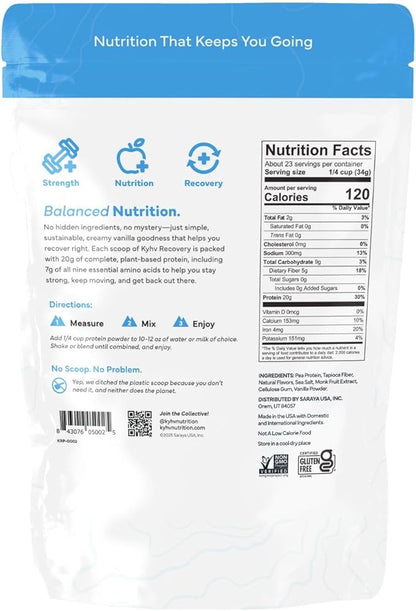 Recovery Plant Based Protein Powder, Vanilla Flavor - 20g Complete Vegan Protein, 0g Sugar, 120 Calories, Supports Muscle Recovery & Strength, Dairy Free, Gluten Free, 28 oz Bag
