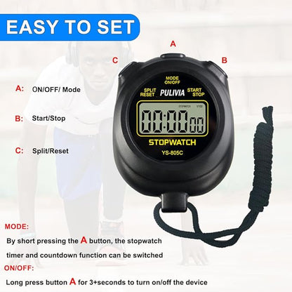 Stopwatch Timer with Countdown, Simple Operation Digital Stop Watch for Sports, Countdown-Alarm Button-Sound, AAA Battery Included (Black)