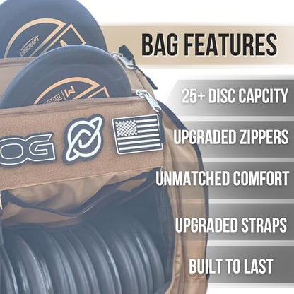 Discology Disc Golf OG V3 Disc Golf Bag | 26+ Disc Capacity | Premium Disc Golf Backpack Bag | Tough, Durable Design | 2 Large Top and Side Compartments | Top Patch Panel with Three Patchs Included