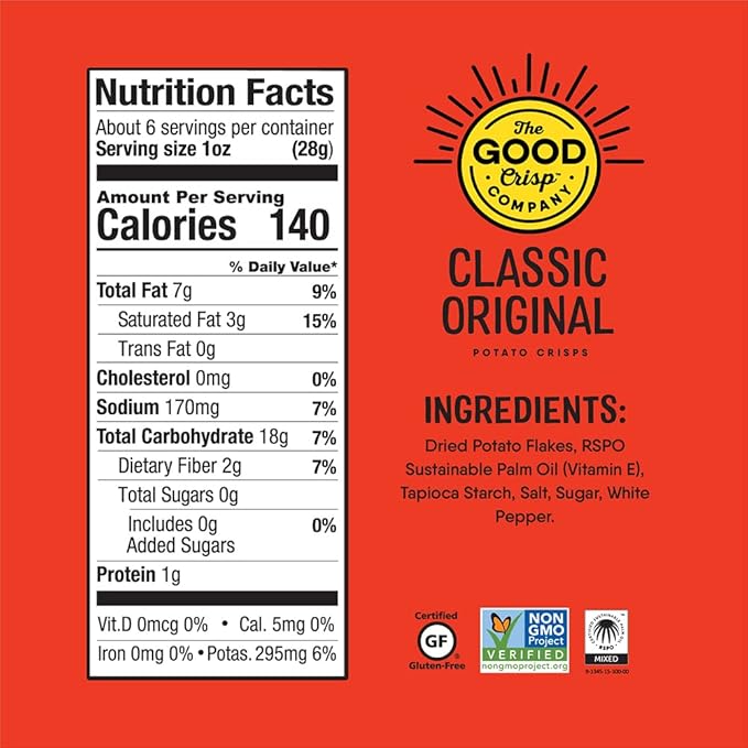 The Good Crisp Company, Potato Chips Variety Pack, 5.6 Ounce Canisters, Pack of 4 (Variety Pack) Non-GMO, Allergen Friendly, Potato Chip Snack Pack, Gluten Free Snacks