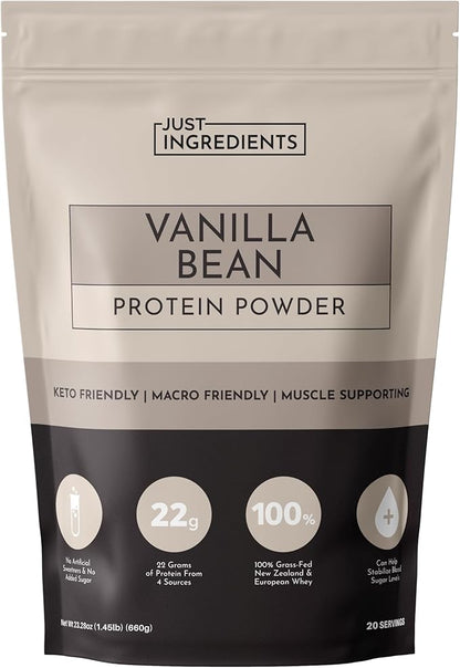 JUST INGREDIENTS Vanilla Bean Protein Powder ??20-Serving Blend with 100% Grass-Fed Whey & Organic Plant Proteins ??Real Vanilla Bean & Cinnamon ??Supports Muscle Recovery, Energy*