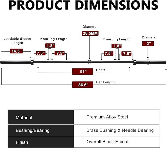 LIONSCOOL 7FT Olympic Barbell for Weightlifting, Power Lifting, 2 Inch Strength Training Bar for Squats, Deadlifts, Presses, Rows, Curls - 700lbs/1000lbs/1500lbs Capacity