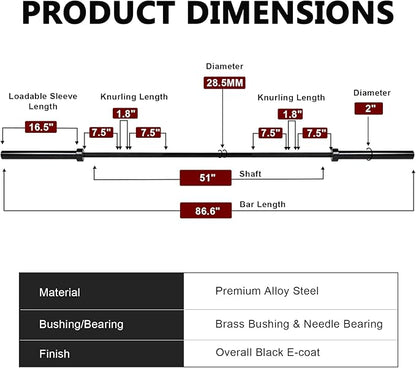 LIONSCOOL 7FT Olympic Barbell for Weightlifting, Power Lifting, 2 Inch Strength Training Bar for Squats, Deadlifts, Presses, Rows, Curls - 700lbs/1000lbs/1500lbs Capacity