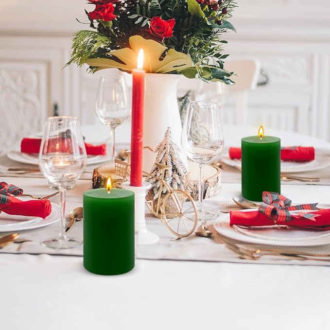 3 Packs 2.8x6 Inch Green Pillar Candles, Unscented Dripless Non-Toxic Smokeless Clean Long Lasting Burning Cylinder Candles for St. Patrick's Day Home Dinner Table Power Outage Emergency