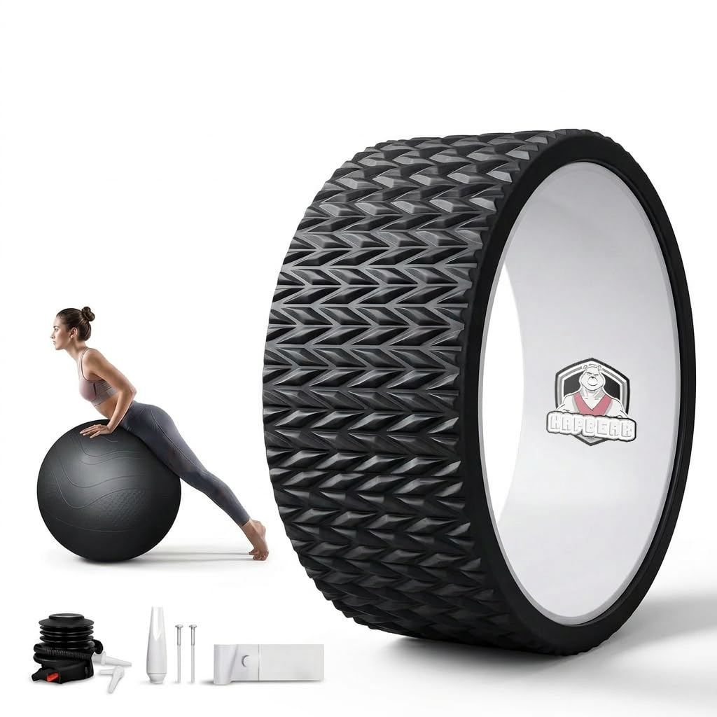 HAPBEAR Yoga Wheel Set with Exercise Ball, 12'' Back Roller Wheel for Back Pain Relief, Foam Roller