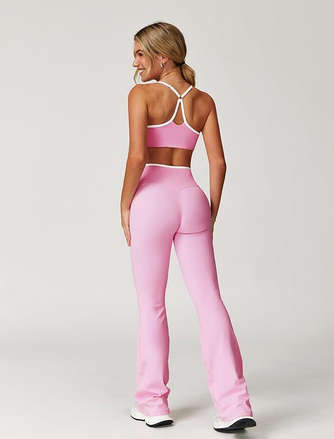 ABOCIW Workout Sets for Women 2 Piece Color Block Strappy Sports Bra High Waist Leggings Gym Yoga Pilates Outfits