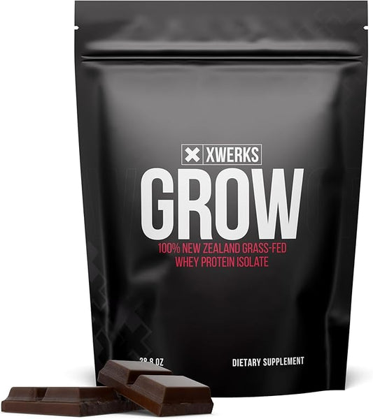 Xwerks Grow 100% New Zealand Grass Fed Whey Protein, 25g Pure Isolate Protein Powder Per Serving, All Natural Paleo and Keto Friendly, Soy Free Gluten Free Easy to Digest, Chocolate, 30 Servings