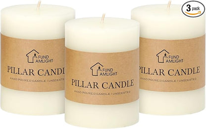 3x4 Inch White Pillar Candles Set of 3 - Decorative Unscented Pillar Candle, Long Burning Dripless Candles for Table Decor, Smokeless Large Pillar Candle for Wedding, Dinner, Rustic Home Decor