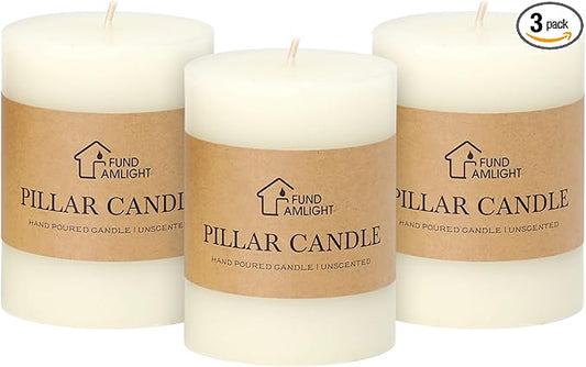 3x4 Inch White Pillar Candles Set of 3 - Decorative Unscented Pillar Candle, Long Burning Dripless Candles for Table Decor, Smokeless Large Pillar Candle for Wedding, Dinner, Rustic Home Decor