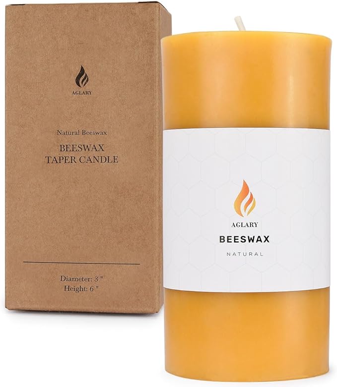 3"x 6" Large Beeswax Pillar Candle, Made of Pure Natural Beeswax, with Ultra Long Burning Time and Low Allergenicity-Rawï¼?2H