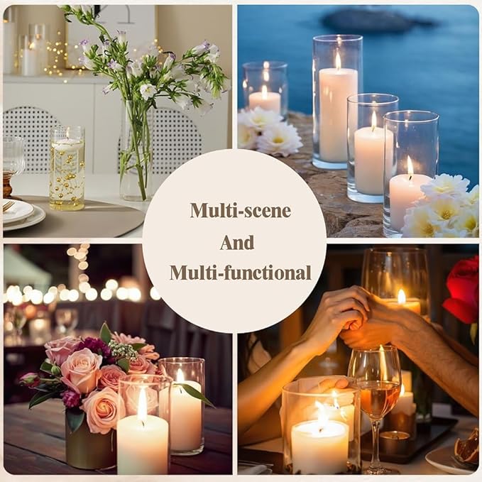 24 Pcs White Pillar Candles and Glass Candle Holders, Clear Cylinder Vases Pillar Candle Holders for Pillar Candles, Hurricane Candle Set for Wedding Party, Event, Home Office Decor