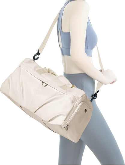 Gym Bag for Women Men with Shoe Compartment, Sport Duffel Bag, Waterproof Travel Weekender Overnight Carry on Bag for Yoga with Trolley Sleeve, Beige