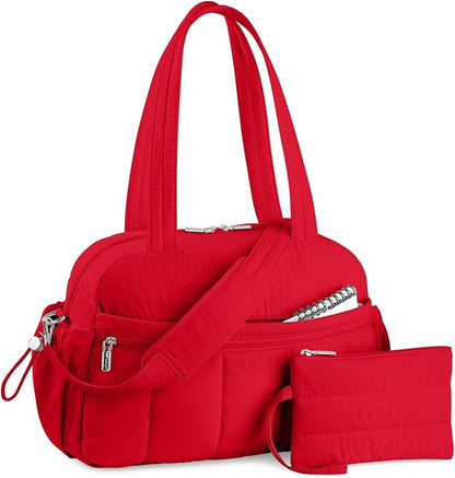 TOPDesign Travel Duffel Bag for Women, Puffer Gym Bag Sports Tote with Wet Pocket, Carry On Weekender with Luggage Sleeve (Red)