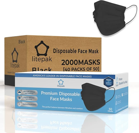 Litepak 2000pcs Disposable Face Masks Black 3-Ply Adult Mask Nose Wire Protection - Breathable