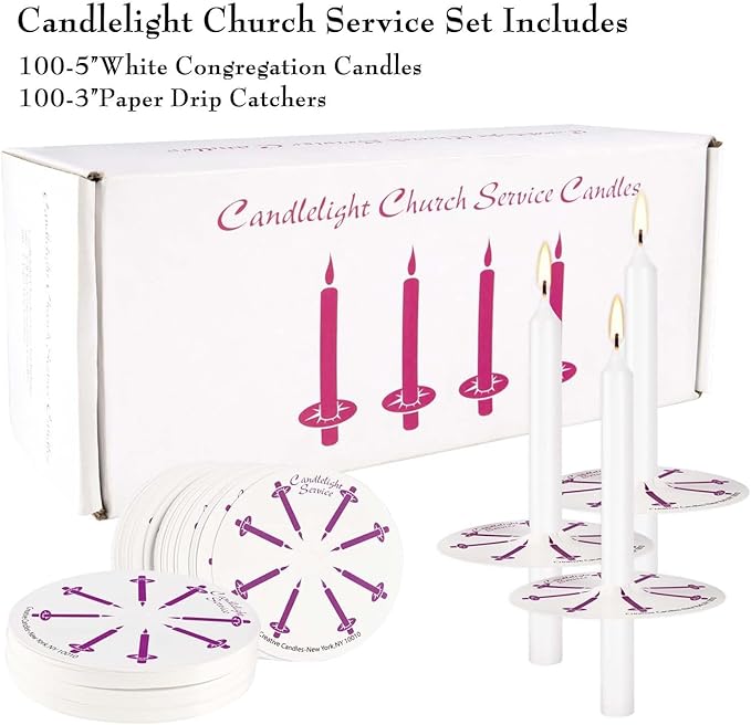 200 pcs Church Candles with Drip Protectors for Devotional Candlelight Vigil Service, Unscented White 5" H X 1/2" D, No Smoke, Shabbat, Praye