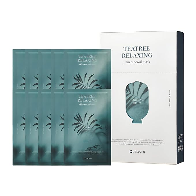 LEADERS Teatree Relaxing Skin Renewal Mask ??Soothes & Calms Sensitive, Acne-Prone Skin ??Controls Excess Oil & Reduces Redness ??Hydrating and Refreshing Sheet Mask for Oily Skin ??10 Sheets