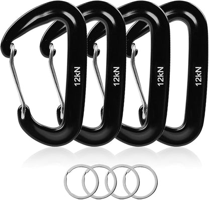 4-Pack Carabiner Clips Heavy Duty-12KN, 7075 Aircraft Aluminum Carabiners with Wiregate - Lightweight, D-Ring Key Hook, Fit for Hammock, Hiking, Camping, Dog Leash, Keychains（Black）