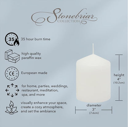 Stonebriar 3 Pack Tall 3 x 4 Inch 35 Hour Long Burning Unscented White Wax Pillar Candles