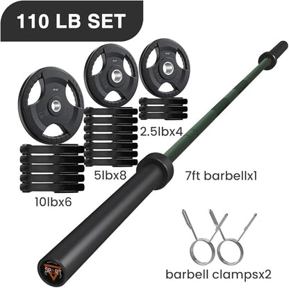 7FT Olympic Barbell Bar with Weight Plate Set Combo, Solid Olympic Bar with Bearings, 700Lbs Capacity Weight Bar for Home Gym Strength Training, Weightlifting, Powerlifting, Fit for 2" Olympic Plates