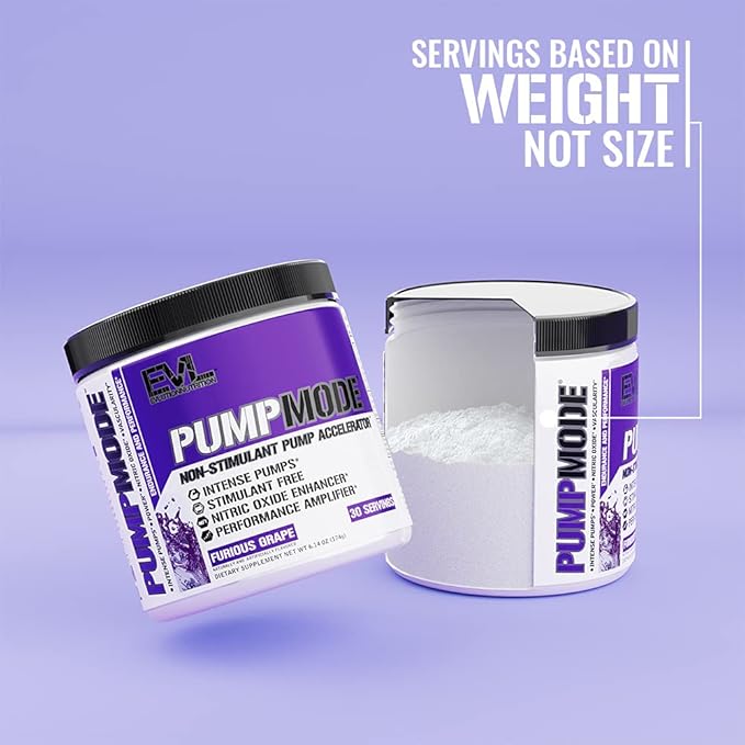 EVL PumpMode Nitric Oxide Supplement - Nitric Oxide Booster Pump Pre Workout Powder with Glycerol and Betaine for Muscle Recovery Growth and Endurance - Stim Free Pre Workout Drink (Furious Grape)