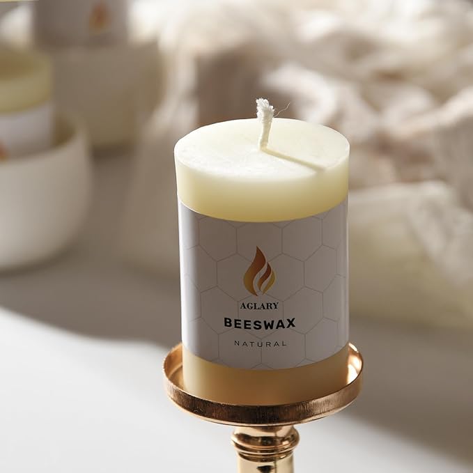 6PCS Beeswax Pillar Candles,Large Handmade Pure Beeswax Candle,Long Lasting Burn Time，Unscented Smokelessï¼? * 3",20H, White