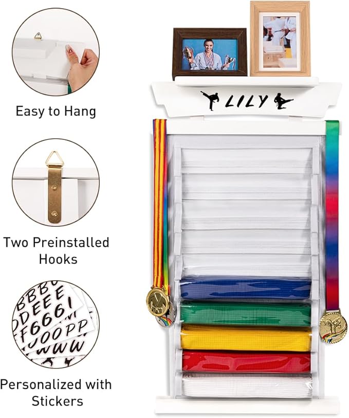 Tilhumt 12/10 Belts Karate Belt Display Rack with Stickers, Taekwondo Belt Display with Trophy/Photo Rack, Felt Dustproof Design, Easy to Put in Belt, Martial Arts Belt Display for Adults