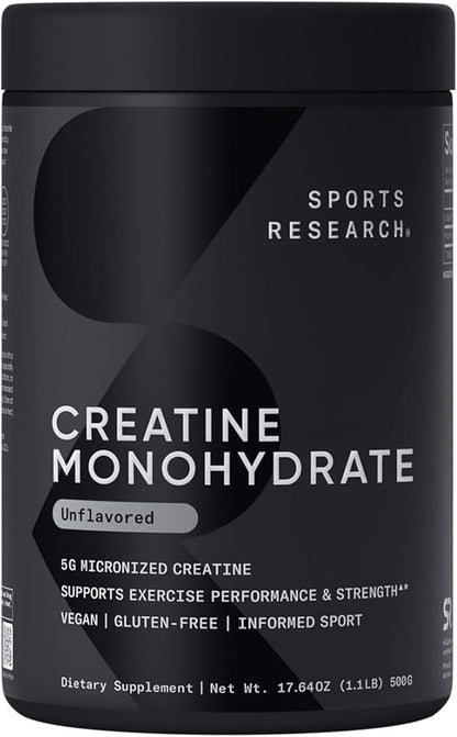 Sports Research Creatine Monohydrate - Gain Lean Muscle, Improve Performance and Strength and Support Workout Recovery* - 5 g Micronized Creatine - 17.46 oz
