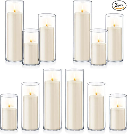 24 PCS Ivory White Pillar Candles with Glass Candle Holders Clear Hurricane Candle Holders Glass Cylinder Vases for Centerpieces Wedding Party, Event, Home Office (12 Candles+12 Candle Hoders)