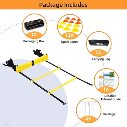 Agility Ladder Speed Training Set: Ohuhu 12 Rung 20ft Soccer Training Equipment for Kids with 12 Cones, 4 Steel Stakes, Instruction Manual & Carrying Bag for Football Exercise Sports Footwork Training