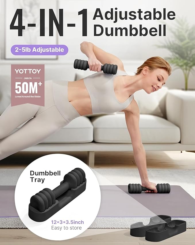 YOTTOY Adjustable Dumbbell Set of 2, 4-in-1 Hand Weights for Women at Home, Compact Free Weights Dumbbells Set with Soft Grip and Base, 2-5 lbs Each for Home Gym