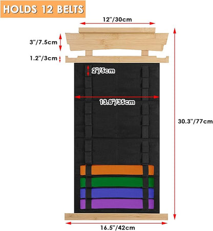 JUXYES Wall Hanging Martial Arts Belts Organizer with Trophy and Medal Display Rack, Bamboo Karate Belt Display Holder Rack, Wall Mounted Taekwondo Belt Display Holder for Martial Arts Learners