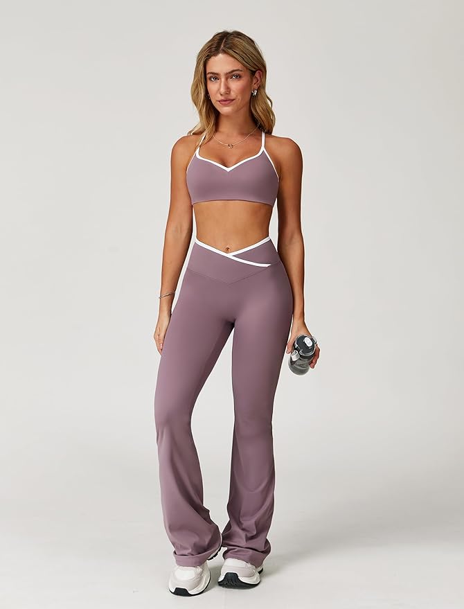 ABOCIW Workout Sets for Women 2 Piece Color Block Strappy Sports Bra High Waist Leggings Gym Yoga Pilates Outfits