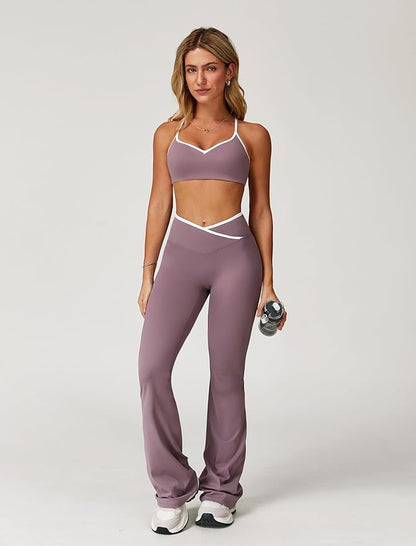 ABOCIW Workout Sets for Women 2 Piece Color Block Strappy Sports Bra High Waist Leggings Gym Yoga Pilates Outfits