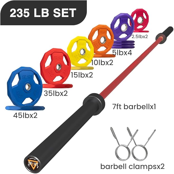 7FT Olympic Barbell Bar with Weight Plate Set Combo, Solid Olympic Bar with Bearings, 700Lbs Capacity Weight Bar for Home Gym Strength Training, Weightlifting, Powerlifting, Fit for 2" Olympic Plates