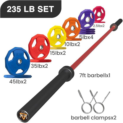 7FT Olympic Barbell Bar with Weight Plate Set Combo, Solid Olympic Bar with Bearings, 700Lbs Capacity Weight Bar for Home Gym Strength Training, Weightlifting, Powerlifting, Fit for 2" Olympic Plates