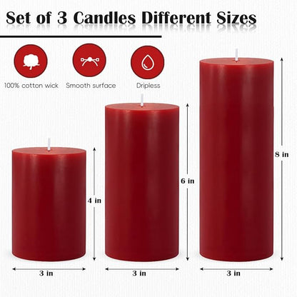 3 Packs Different Sizes Red Colored Pillar Candles, Unscented Non-Toxic 3x4, 3x6, 3x8 Inch Dripless Smokeless Cylinder Candles for Wedding, Home Decor, Dinner Table, Party, Power Outage, Emergency