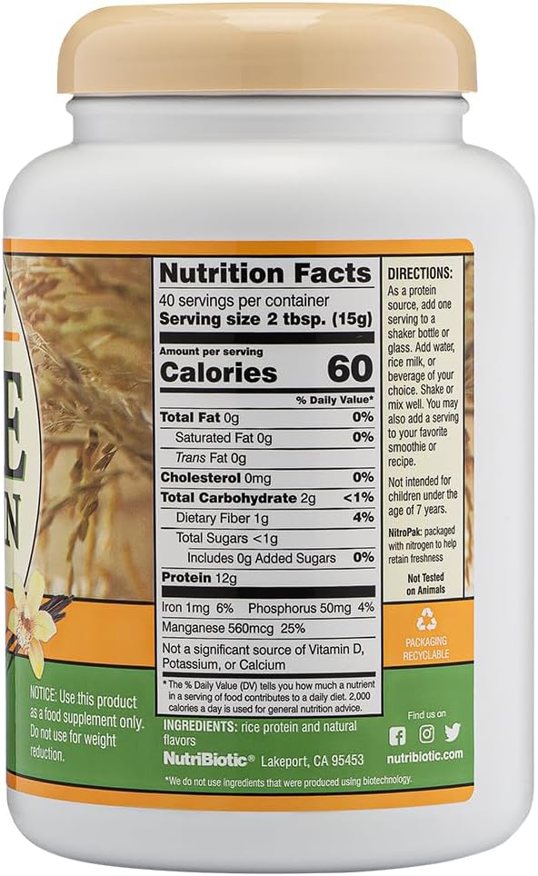 NutriBiotic ??Vanilla Rice Protein, 1 Lb 5 Oz (600g) | Low Carb, Keto-Friendly, Vegan, Raw Protein Powder | Grown & Processed Without Chemicals, GMOs or Gluten | Easy to Digest & Nutrient-Rich