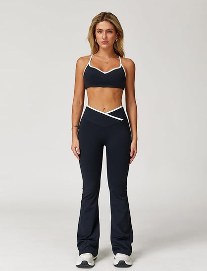 ABOCIW Workout Sets for Women 2 Piece Color Block Strappy Sports Bra High Waist Leggings Gym Yoga Pilates Outfits